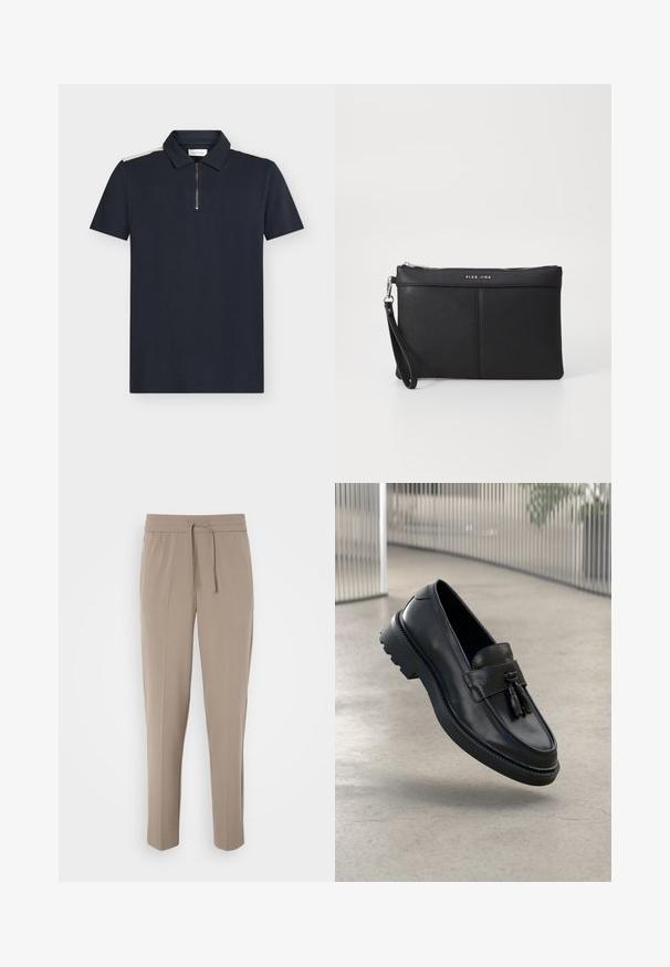 Granatowa koszulka polo z krótkimi rękawami, tkanina strukturalna, detal z zamkiem na kołnierzyku oraz kontrastujące białe akcenty na ramionach.; Jasno beżowe spodnie z elastycznym pasem, regulowanym sznurkiem i zwężanymi nogawkami. Materiał wydaje się gładki z delikatnym połyskiem.; Czarne skórzane mokasyny o gładkim wykończeniu, z dekoracyjnym chwostem, grubą gumową podeszwą i przeszyciami. Lekka i elegancka konstrukcja.; Czarna syntetyczna kopertówka z zamkiem błyskawicznym, paskiem na nadgarstek i gładką teksturą. Posiada subtelne szwy oraz wytłoczone logo z przodu.