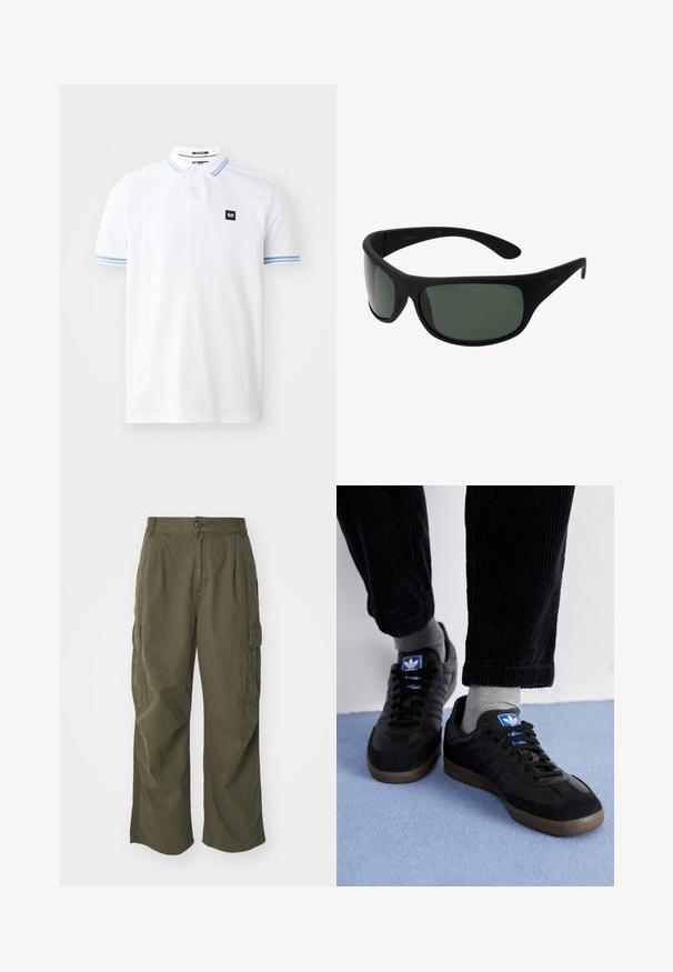 Valge puuvillane polosärk, millel on kolm nööpi ja sinised triibud varrukatel, ning väike must logo patch.; Olivi rohelised cargo püksid, valmistatud puuvillast, laia jala disainiga, voldikute ja küljetaskutega praktilisuse huvides.; Mustad mustad, mis on valmistatud siidist ja nahast, sinise logoga ja pruunist kummist tallaga. Kombineeritud hallide sokkide ja sametpükstega.; Mustad mustasviruliste läätsedega prillid. Matu viimistlus, kumer disain, sirged käed ja diskreetne bränding külgedel.