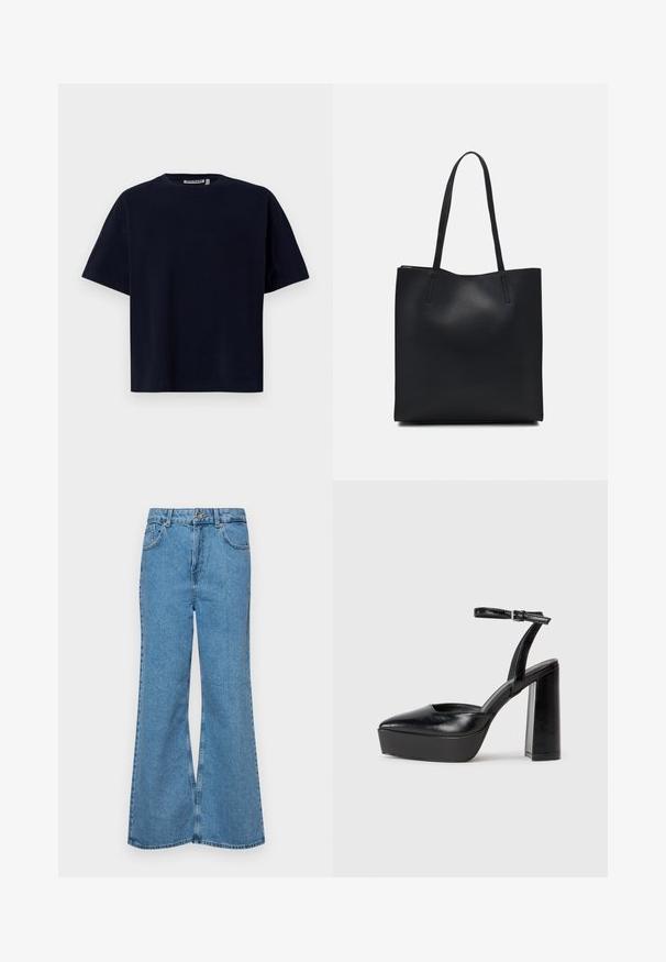 Navy blue cotton t-shirt with short sleeves, a round neck, and a relaxed fit, featuring minimal stitching and no additional patterns.; Light blue flared jeans made of denim, featuring a high waist, five pockets, and a single button closure. Soft texture with faded finish.; Black platform heels with a pointed toe and adjustable ankle strap. Constructed from smooth leather, featuring a chunky block heel.; Black leather tote bag with smooth texture, rectangular shape, and two long handles. No visible hardware or embellishments.