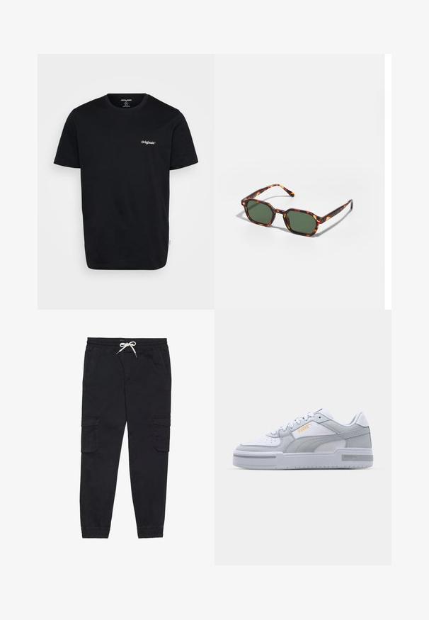 Černé bavlněné tričko s krátkými rukávy, kulatým výstřihem a bílým logem "Originals" na hrudi. Hladký materiál, standardní střih.; Černé cargo kalhoty vyrobené z bavlny, s elastickým pasem na šňůrku, bočními kapsami a zúženými manžetami.; Šedé a bílé tenisky s hladkým koženým svrškem, perforovanou špičkou, šněrováním, texturovanými akcenty a jemným zlatým logem.; Kočičí brýle v barvě želvoviny se zelenými skly, s osmiúhelníkovým tvarem a úzkými, zakřivenými stranami. Materiál má lesklý povrch.