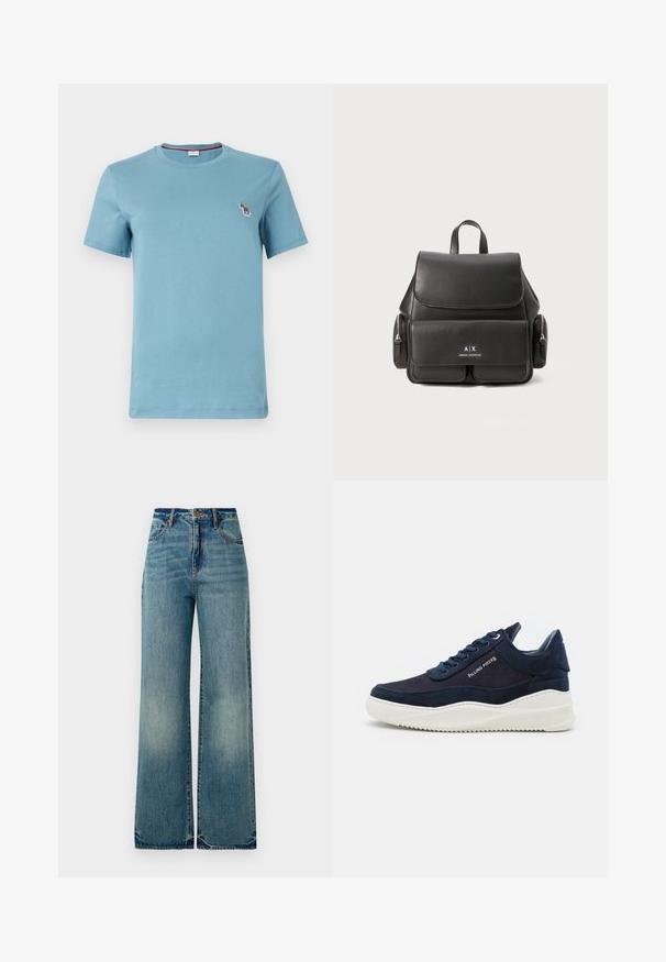 Šviesiai mėlynas trumparankovės marškinėliai, pagaminti iš medvilnės, su apvaliu iškirpimu ir mažu siuvinėtu arkliuko motyvu ant krūtinės.; Šviesiai mėlynos džinsinės plačios kojų kelnės turi aukštą liemenį, penkis kišenius ir šiek tiek nutrintus kraštus, pabrėžiančius tekstūruotą, nublukusį paviršių.; Tamsiai mėlyni zomšiniai sportbačiai su baltais guminiais padais, apvaliu priekiu ir raištelių uždarymo dizainu. Suteikia logotipo detalę šone ir tekstūrines akcentus.; Juodas odinis kuprinė su uždengimu, priekinė kišenė, šoninės užtrauktukų kišenės ir viršutinė rankena. Priekyje yra logotipo detalizavimas.