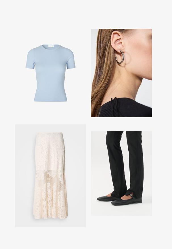 Camiseta de color azul claro de canalé con mangas cortas y un escote redondo. Textura suave, diseño ajustado sin logos ni embellishments visibles.; Falda midi de encaje floral en crema; cuenta con un diseño en capas con secciones transparentes, encaje texturizado y un dobladillo acampanado.; Bailarinas de cuero negro con punta afilada, correa con hebilla de plata, combinadas con pantalones negros ajustados que presentan un dobladillo con abertura.; Pendiente de aro de plata con un acabado pulido, que presenta pequeños detalles en dorado y una forma redonda, llevado en el lóbulo.