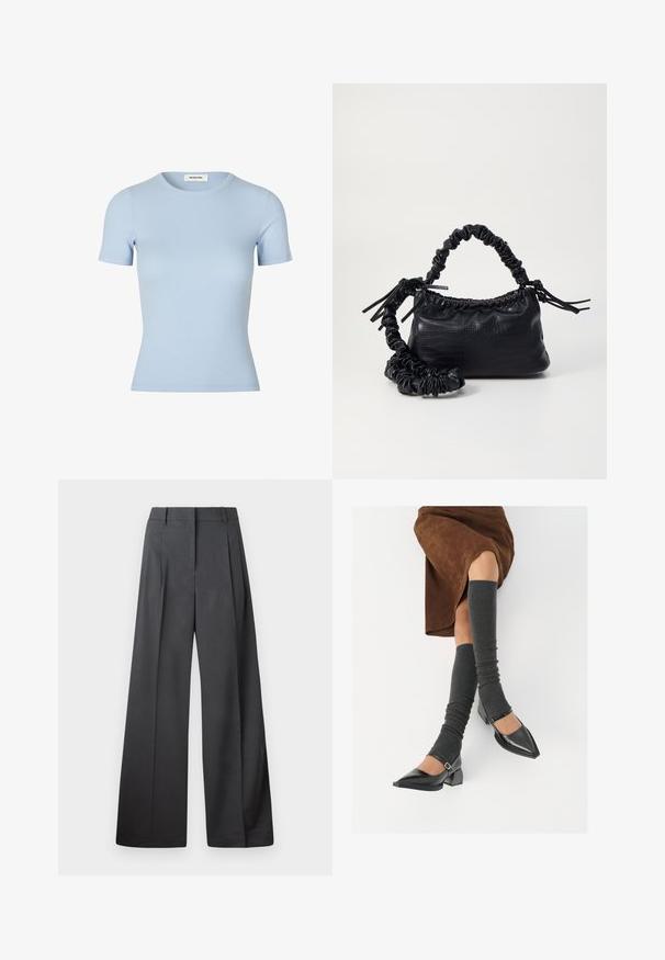 Lyseblå ribbet t-shirt med korte ærmer og rund halsudskæring. Blød tekstur, tætsiddende design uden synlige logoer eller udsmykninger.; Bredde benbukser i mørkegrå stof, med høj talje, enkelte læg og en glat tekstur med en ren finish ved kanten.; Sorte patenterede lædersko med spids tå, blokhæl og ankelrem, kombineret med grå ribbede benvarmere og en brun ruskinds nederdel.; Sort kunstlæder håndtaske med krokodilteksur, indsnøret top og en sammenkrøben rem. Ser blød og kompakt ud i designet.