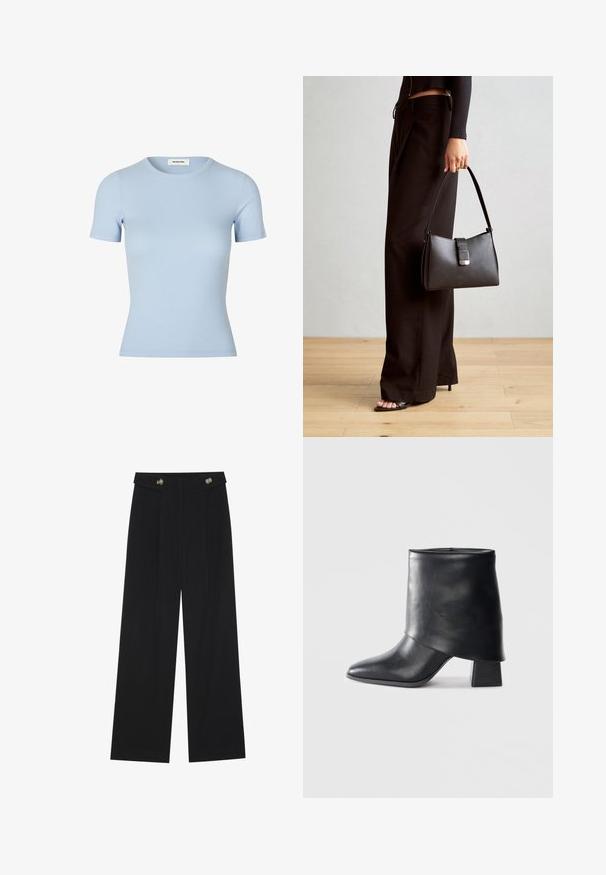 Light blue ribbed t-shirt with short sleeves and a round neckline. Soft texture, fitted design with no visible logos or embellishments.; Black wide-leg trousers with high waist, button details on waistband, and front pleats.; Black leather ankle boot with a pointed toe, smooth texture, and a structured block heel. Features a high, folded cuff design.; Black handbag with structured shape, smooth texture, and a metallic clasp. Paired with wide black pants and open-toe sandals on wooden floor.
