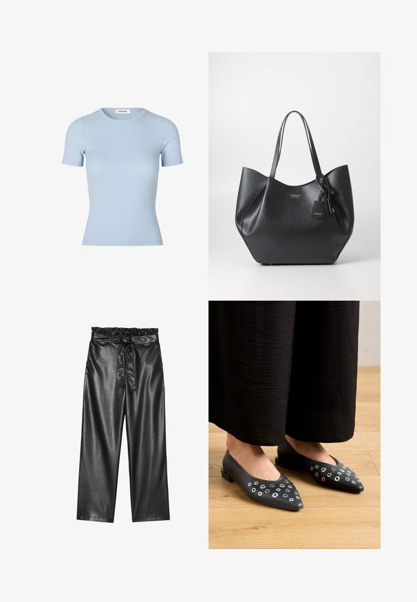 Maglietta a maniche corte di colore azzurro chiaro con scollatura rotonda. Texture morbida, design aderente senza loghi o decorazioni visibili.; Pantaloni wide-leg neri in pelle sintetica con elastico in vita arricciato e cintura staccabile. Texture liscia e finitura minimale.; Ballerine in pelle nera con punta affusolata, caratterizzate da inserti in metallo a forma di occhio di differenti dimensioni e un tacco quadrato basso. Texture liscia su pavimento in legno.; Borsa a tracolla nera realizzata in materiale sintetico testurizzato con una silhouette ampia, dotata di manici doppi e un dettaglio pendente con logo.; Orecchino a cerchio in argento con finitura lucida, caratterizzato da piccoli dettagli in oro e una forma tondeggiante, indossato sul lobo.