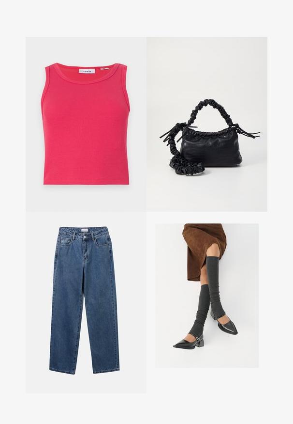 Dopasowany, prążkowany top na ramiączkach w jaskrawym różu, z okrągłym dekoltem i bez rękawów. Posiada metkę z niebieskim tekstem wewnątrz kołnierza.; Klasyczne niebieskie dżinsy o prostym kroju, pięć kieszeni i zapięcie na guzik. Charakteryzują się średnim odcieniem i solidną teksturą.; Czarne lakierowane buty na szpilce z prostokątnym obcasem i paskiem na kostce, zestawione z szarymi prążkowanymi ocieplaczami na nogi oraz brązową zamszową spódnicą.; Czarna torebka z syntetycznej skóry o teksturze krokodyla, z zaciąganym górnym zamknięciem i marszczonym paskiem. Wygląda na miękką i zwartą w designie.