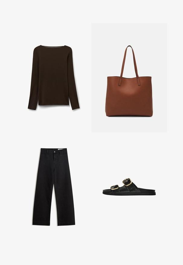 Langærmet top med bådudskæring i mørkebrun, lavet af blødt stof med en glat tekstur og en afslappet pasform, med en lige kant.; Sorte wide-leg denim bukser med høj talje, der har front- og baglommer, syede sømme og en knaplukning. Glat tekstur.; Sort skridsandal med to guldspænder, glat tekstureret materiale, flad sål og et minimalistisk design.; Brun læder tote taske med en glat overflade, åben topdesign og to skulderremme. Har minimal syning og ingen synlig hardware.