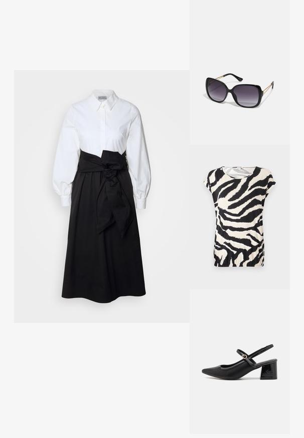 Kurzärmliges Oberteil aus glattem Stoff mit einem schwarz-weißen Zebra-Streifenmuster, Rundhalsausschnitt und lässiger Passform.; Weißes Hemd mit langen Puffärmeln, kombiniert mit einem schwarzen Rock und einem Stoffgürtel, der auf der Taille gebunden ist, aus glattem Baumwollmaterial.; Schwarze Lackleder-Slingback-Absätze mit spitzer Zehenform, einem runden Ausschnitt-Design und einem Blockabsatz. Mit einem goldfarbenen Schnallenakzent.; Schwarze übergroße Sonnenbrille mit getönten Gläsern, dicken Rahmen und goldfarbener Kettendetaillierung an den Bügeln.; Schwarze Handtasche mit strukturierter Form, glatter Textur und einem metallischen Verschluss. Kombiniert mit weiten schwarzen Hosen und offenen Sandalen auf einem Holzboden.