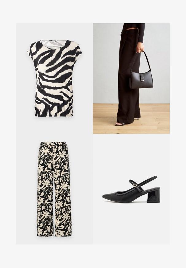 Kortermet topp i et glatt stoff med et svart og kremfarget zebra-stripes mønster, rund halslinning og en avslappet passform.; Sorte vide bukser med et cremet blomster mønster. Fremstillet af letvægtsstof, med en glat tekstur og en høj talje.; Sorte lakk lær slingback hæler med spiss tå, et avrundet utskjæringsdesign og blokkheel. Har en gulltone spenne som detalj.; Svart håndveske med strukturert form, jevn tekstur og metallisk lås. Kombinert med brede svarte bukser og sandaler med åpen tå på tregulv.