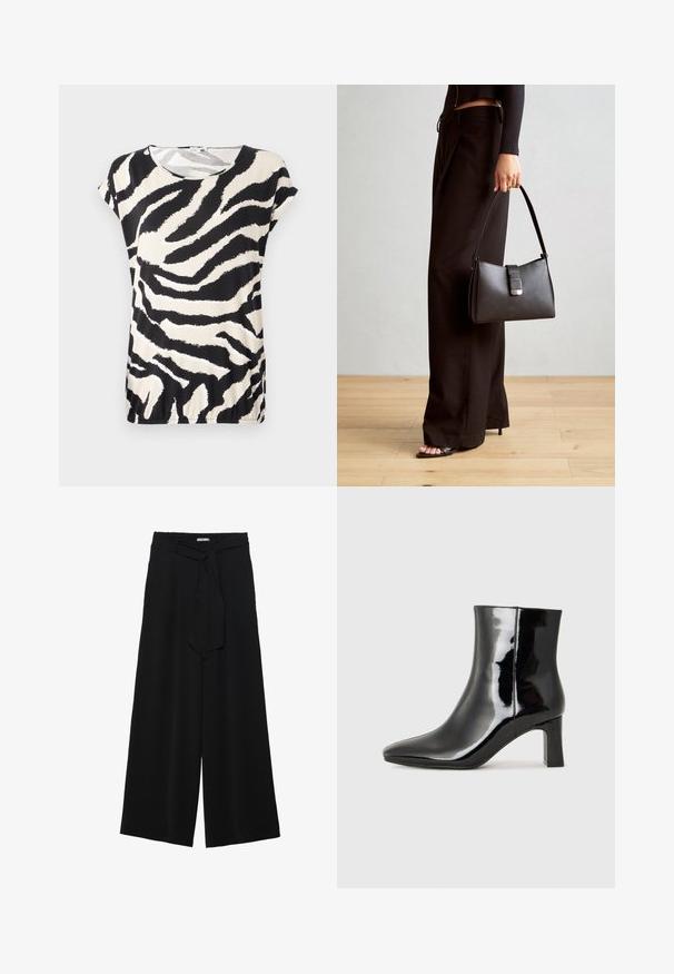Majica kratkih rukava od glatkog materijala s uzorkom zebre u crnoj i krem boji, okruglim izrezom i opuštenim krojem.; Crne široke hlače od teksturirane tkanine, s elastičnom pojasom i odvojivim remenom na struku za prilagodivo pristajanje.; Crne lakirane kožne gležnjače s šiljastim prstom i srednje visokom blok petom. Glatka tekstura i minimalistički dizajn.; Crna torba s oblikom koji sadrži strukturu, glađu teksturu i metalnu kopču. Uparena s širokim crnim hlačama i sandalama na otvorenom s drvenog poda.