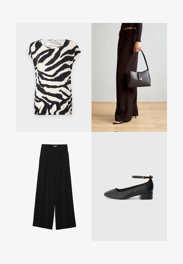 Kreklu ar īsām piedurknēm, izgatavotu no gludas auduma, kas rotāts ar melnbaltu zebra svītru rakstu, ar apaļu kakla izgriezumu un brīvu piegriezumu.; Melni platleņķa bikses ar teksturētu audumu, elastīgu jostu un noņemamu siksnu viduklī, kas nodrošina regulējamu piegulšanu.; Melnas ādas sūkņi ar smailu purngalu un zemu bloku papēdi. Iezīmēts ar potītes siksniņu ar zelta krāsas sprādzi. Gluda tekstūra.; Melnā somiņa ar strukturētu formu, gludu tekstūru un metālu sprādzi. Saskaņota ar platām melnām biksēm un sandālēm ar atvērtu purngalu uz koka grīdas.