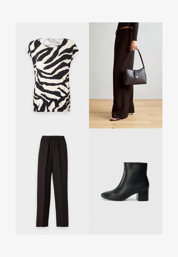 Lühikeste varrukatega topp sujuvalt kangast, millel on must-valge zebra triipudega muster, ümmargune kaelus ja lõdvestatud sobivus.; Mustad mustad püksid, laiad ja elastse vöökoha ning reguleeritava tõmbluku abil. Valmistatud sujuvast, kergekaalulisest kangast ilma nähtavate mustriteta.; Mustad nahast pahkluu saapad terava varbaga ja jämeda kandaga. Sile tekstuur minimaalse aktsentidega ja stiilne, lihvitud disain.; Must musta kott, millel on struktureeritud kuju, sile tekstuur ja metallist klamber. Kombineeritud laiate mustade pükstega ja avatud varvaste sandaalidega puidust põrandal.