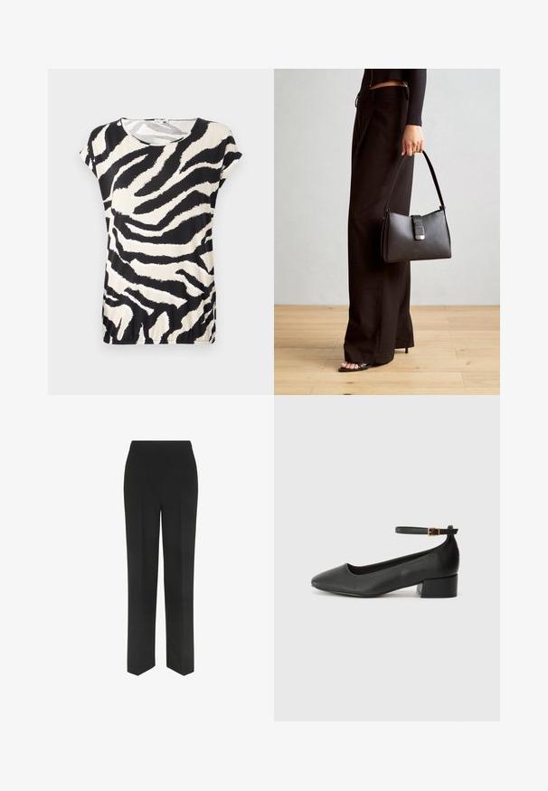 Lühikeste varrukatega topp sujuvalt kangast, millel on must-valge zebra triipudega muster, ümmargune kaelus ja lõdvestatud sobivus.; Mustad mustad püksid sirge säärega disainiga, lihtsa vöökoha ja ilma nähtavate taskuteta, esitatud valgel taustal.; Must mustaapp, millel on terav nina ja madal blokk-kand. Omab pahkluu rihma koos kuldse tooni pandlaga. Sile tekstuur.; Must musta kott, millel on struktureeritud kuju, sile tekstuur ja metallist klamber. Kombineeritud laiate mustade pükstega ja avatud varvaste sandaalidega puidust põrandal.