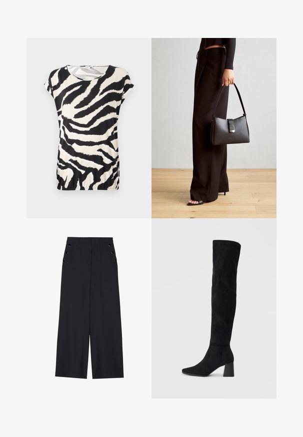 Top cu mânecă scurtă dintr-un material fin, având un model de dungi zebra în culorile negru și crem, cu guler rotund și o croială lejeră.; Pantaloni evazați din material bleumarin închis, cu o textură netedă, pliseuri frontale și ochiuri decorative aurii pe buzunarele laterale.; Cizme negre din suede, cu toc bloc, vârf ascuțit și un design neted, fără cusături, pe un fundal deschis.; Genți negre cu o formă structurată, textură netedă și un închizător metalic. Asortată cu pantaloni negri largi și sandale cu vârf deschis pe un podea din lemn.