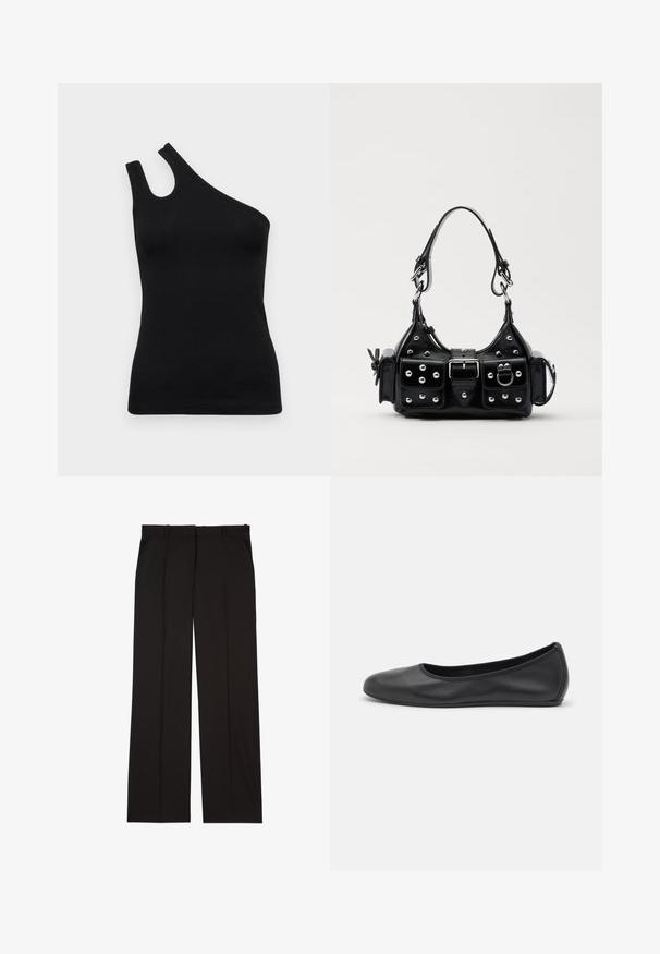 Mustassa yksihemmanen tanktoppi, joka on valmistettu ribbineuleesta. Siinä on ainutlaatuinen kaula-aukko ja tiukka siluetti. Sujuva rakenne kauttaaltaan.; Mustat räätälöidyt housut, jotka on valmistettu sileästä kankaasta. Housuissa on suora lahje ja kaksi sivutaskua. Elegantti ja minimalistinen rakenne.; Musta nahkainen ballerina, jossa on pyöristetty kärki, sileä pinta, minimaalinen ommelkoristelu ja joustava pohjamuotoilu.; Musta nahkainen käsilaukku, jossa on kaareva muotoilu, hopeiset niitit, solki ja kaksi sivutaskua. Säädettävä olkahihna erilaisiin kantovaihtoehtoihin.