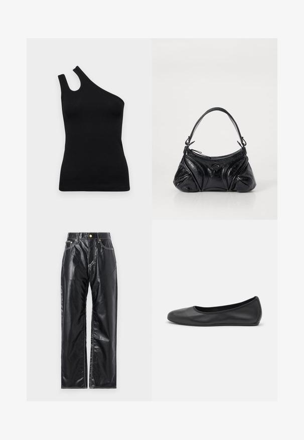Fekete, egyszerves vállú pánt nélküli felső, bordás anyagból készült. Kiemelkedő nyakvágással és illeszkedő siluettel rendelkezik. Az anyag sima textúrával bír.; Fekete műbőr nadrág széles lábbetéttel, fehér varrással, elülső zsebekkel és arany gombbal a derekán.; Fekete bőr balettcipő lekerekített orral, sima tekstúrával, minimális varrással és rugalmas talp kialakítással.; Fekete, textúrált bőrből készült kézitáska, kerekded formával. Vékony vállpánttal és díszes embosszas mintákkal rendelkezik.