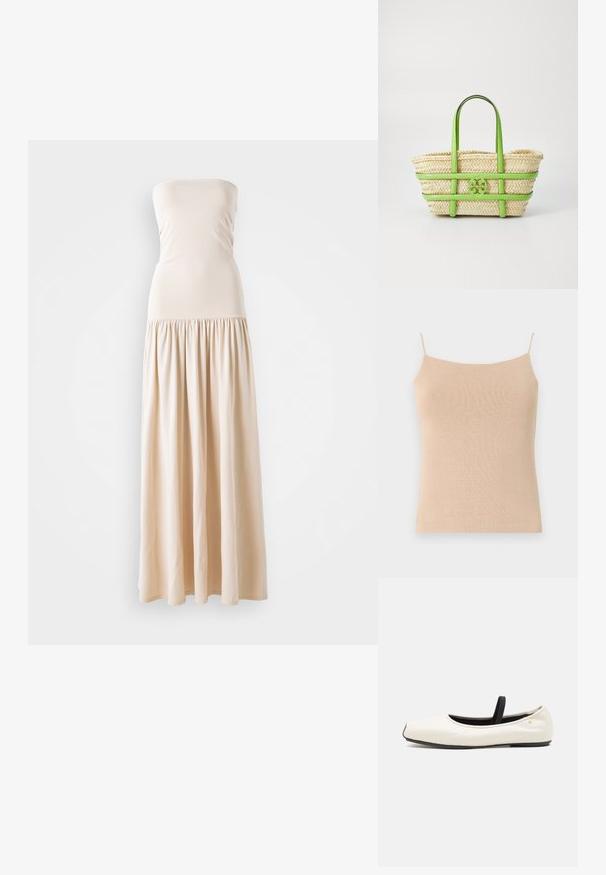 Beżowy dzianinowy top na ramiączkach z cienkimi paskami, o dopasowanym kroju i strukturalnej tkaninie, idealny do noszenia na cebulkę lub na co dzień.; Beżowa maxi sukienka bez ramiączek z dopasowaną górą i luźną, marszczoną spódnicą, wykonana z miękkiego materiału, z gładką strukturą na całej powierzchni.; Płaskie baleriny z białej skóry z zaokrąglonym czubkiem, czarnym elastycznym paskiem i małym złotym emblematem w pobliżu pięty. Miękka tekstura i minimalistyczny design.; Słomiana torba na ramię z zielonymi skórzanymi akcentami, z plecioną teksturą, podwójnymi uchwytami i wyrazistym logo z przodu.