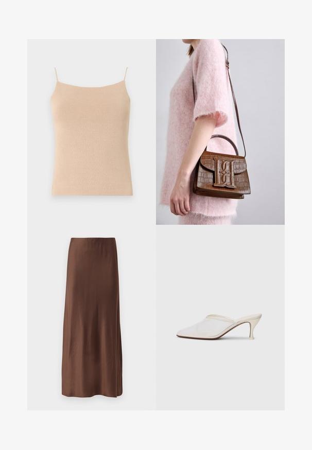 Beżowy dzianinowy top na ramiączkach z cienkimi paskami, o dopasowanym kroju i strukturalnej tkaninie, idealny do noszenia na cebulkę lub na co dzień.; Brązowa satynowa spódnica midi o gładkiej fakturze, z prostym krojem i bez widocznych wzorów lub ozdób. Prosty i elegancki design.; Białe melanżowe mule z ostro zakończonym noskiem, o smukłym średnim obcasie i wsuwanej konstrukcji na jednolitym tle.; Brązowa torebka ze skóry krokodyla, tłoczona, z górnym uchwytem i paskiem na ramię. Posiada wyraźne logo na przedniej klapie. Miękka w dotyku.
