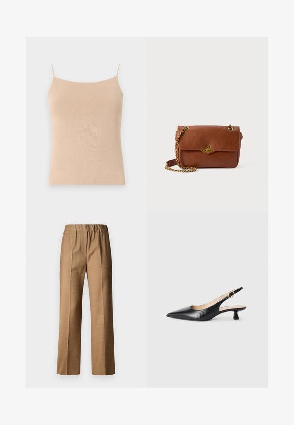 Bežna pletena top bez rukava s tankim trakama, koji ima pripijen kroj i teksturiranu tkaninu, idealan za slojevito oblačenje ili ležernu odjeću.; Smeđe, teksturirane hlače s opuštenim krojem, širokim nogavicama i elastičnom stražnjom pasicom. Pametan dizajn s prednjim nabora.; Crne kožne slingback cipele s potpeticom u obliku mačke, s šiljastim vrhom i zlatnom kopčom na bočnom remenu, na bijeloj pozadini.; Smeđi kožni torbica preko tijela s preklopnim zatvaranjem, zlatnim hardverom i lancem za remen. Glatka tekstura, pravokutni oblik, minimalni detalji.