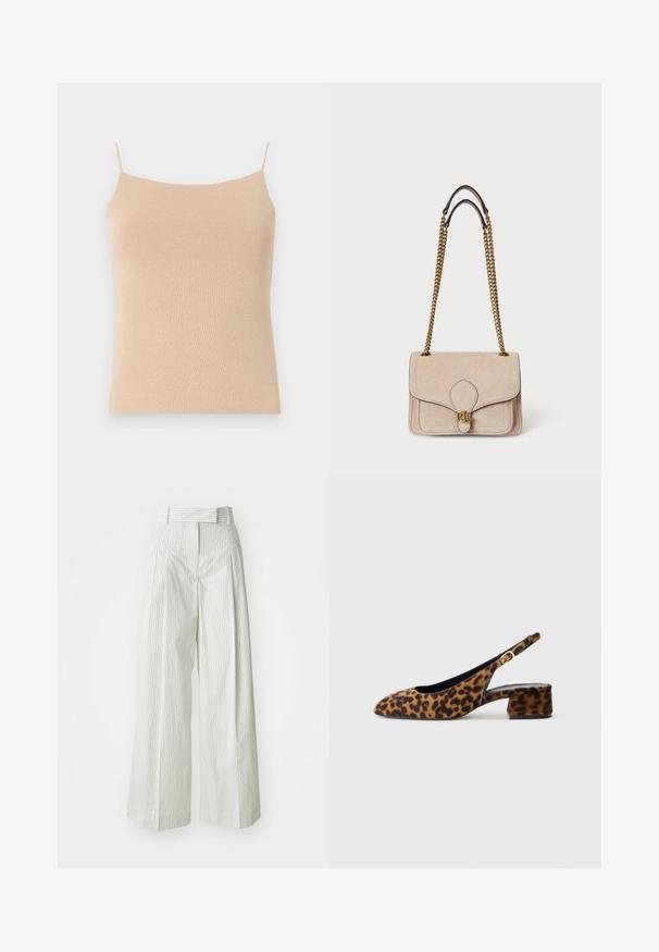 Beige gestricktes Cami mit dünnen Trägern, das ein tailliertes Design und einen strukturierten Stoff aufweist, ideal zum Layering oder für legere Outfits.; Weite Hosen in Hellgrün mit vertikalen weißen Streifen. Sie haben eine hohe Taille, Gürtelschlaufen und eine glatte Baumwolltextur.; Damen-Slingback-Schuhe mit Leopardenmuster, niedrigem Blockabsatz und goldener Schnalle am Seitenriemen, im Seitenprofil auf einem schlichten Hintergrund dargestellt.; Beige Wildleder-Handtasche mit goldenen Kettenriemen, strukturiertem rechteckigen Format, gestickten Details und einem goldenen Logo-Akzent auf der Vorderseite.