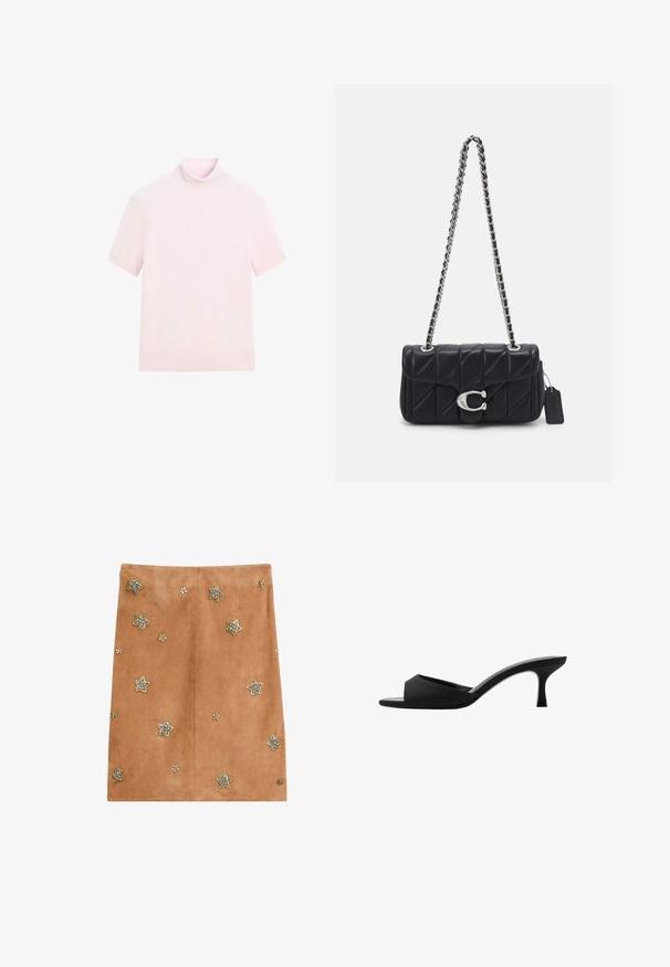 Tričko s krátkým rukávem a rolákem v jemně růžové látce. Má přiléhavý střih a hladkou texturu s žebrovanými okraji na límci a spodním lemu.; Hnědá semišová sukně s hvězdicovými ozdobami ve stříbrné a zlaté barvě, s květinovými akcenty po celém obvodu. Jednoduchý design, ke kolenům.; Černé lodičky na vysokém podpatku s širokým, otevřeným špičkou a zakřiveným svrškem. Vyrobené z texturované látky, mají štíhlý podpatek a hladkou podrážku.; COACH TABBY SHOULDER BAG 20 WITH PILLOW QUILTING - Taška s příčným popruhem - black