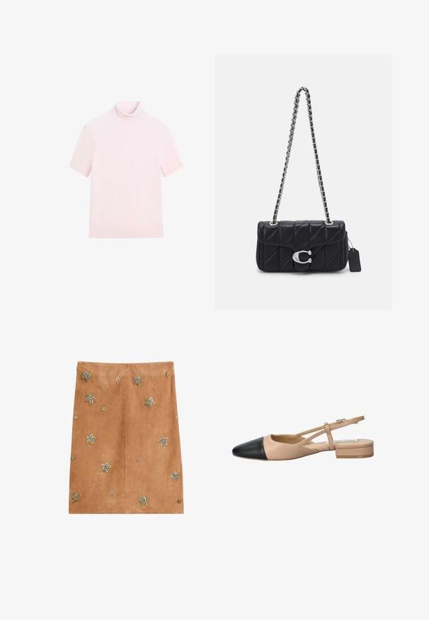 Short-sleeve turtleneck top in soft pink fabric. Features a fitted silhouette and smooth texture with ribbed edges at collar and hem.; Tan suede skirt featuring star-shaped embellishments in silver and gold, with floral accents throughout. Simple design, knee-length.; Beige and black two-tone slingback shoe with a pointed toe, flat heel, and crisscross strap detail. Smooth leather texture.; COACH TABBY SHOULDER BAG 20 WITH PILLOW QUILTING - Cross body bag - black