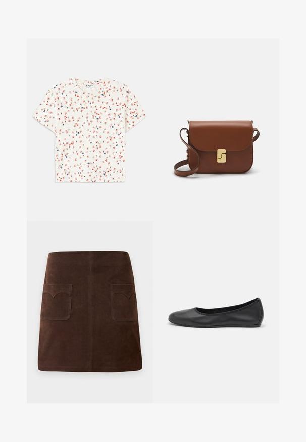 Biała koszulka z krótkim rękawem z kwiatowym wzorem w czerwone i niebieskie kwiaty, okrągły dekolt i miękka, teksturowana tkanina.; Brązowa zamszowa spódnica w klasycznym kształcie A, z dwiema przednimi kieszeniami z zaokrąglonymi klapami i subtelnymi detalami szewnymi.; Czarne skórzane baletki z zaokrąglonym noskiem, gładką fakturą, minimalnymi przeszyciami i elastycznym designem podeszwy.; Brązowa skórzana torebka na ramię z klapką, złotymi detalami, paskiem na ramię i gładką teksturą. Kompaktowy prostokątny kształt.