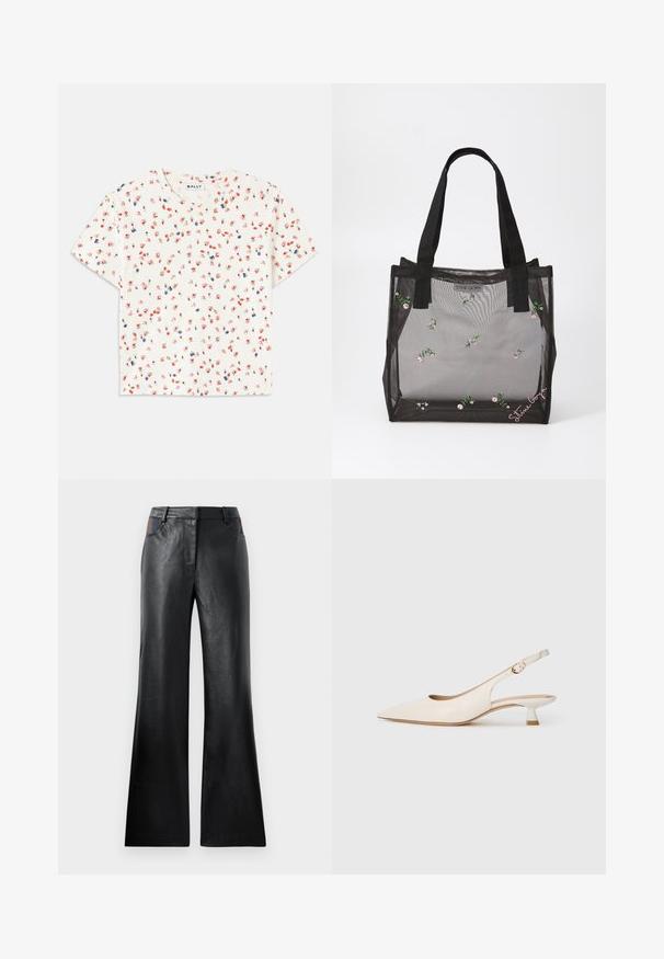 White short-sleeve t-shirt featuring a floral pattern with red and blue flowers, round neckline, and soft, textured fabric.; Black leather flared pants with a smooth texture, featuring two front pockets with black and brown accents near the waist.; Cream-colored pointed-toe slingback shoe with low kitten heel and gold buckle on plain white background.; Black mesh tote bag with embroidered floral patterns, featuring sturdy black handles and a logo tag on the front. Translucent material.