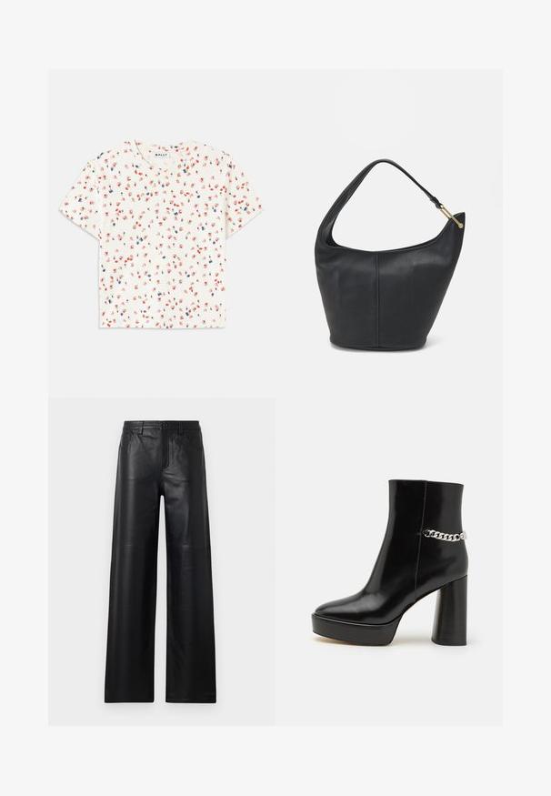 Camiseta blanca de manga corta con un patrón floral que presenta flores rojas y azules, cuello redondo y tejido suave y texturizado.; Pantalones de cuero negro de pierna ancha con una textura suave, que cuentan con bolsillos frontales, cierre de botón y sutiles detalles de costura.; Botín de tobillo de charol negro con plataforma chunky y tacón alto en bloque. Presenta un acento de cadena plateada en el lateral. Textura suave.; Bolso de cuero negro con forma redondeada, un strap ancho y un acabado texturizado. Presenta un sutil detalle de costura y un acento de hardware en tono dorado.