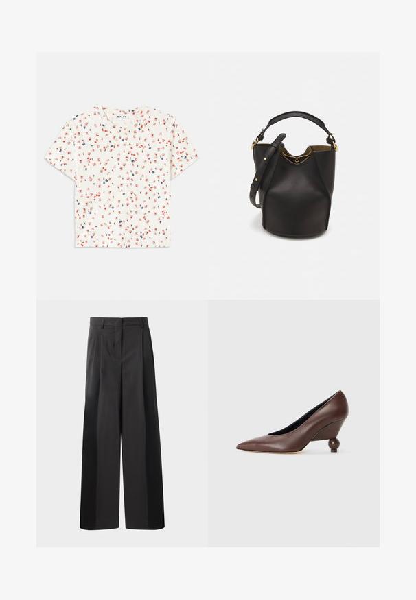 Tricou alb cu mânecă scurtă, prezentând un model floral cu flori roșii și albastre, guler rotund și material moale, texturat.; Pantaloni negri cu talie înaltă, cu picioare largi, având pliseuri frontale, o textură netedă și un finisaj croit. Concepuți pentru o croială relaxată.; Pantof cu toc wedge din piele maro, cu bot ascuțit și tobă rotundă, în formă de bilă. Textură netedă, cu un design simplu și accente minime.; Geantă din piele neagră în stil bucket, cu un finisaj texturat, accente din metal auriu și un compartiment deschis. Dispune de o mânere scurtă și un curea de umăr ajustabilă.
