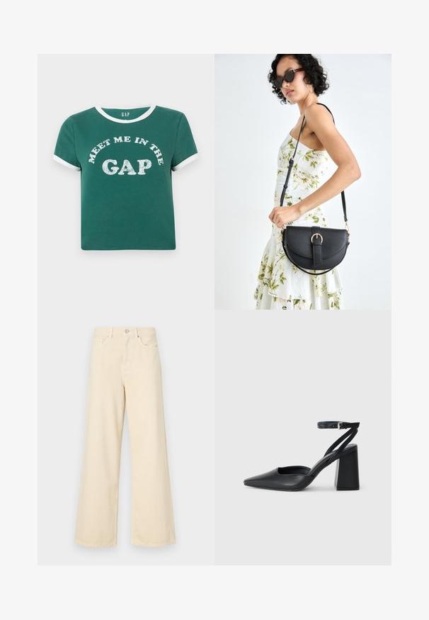 Žalia medvilninė marška su balta apykakle ir rankovių akcentais. Priekyje yra užrašas „SUSITIKIME MAŽOJE TARPOJE“ didelėmis, blizgiomis raidėmis.; Bežinės plačios kojos džinsai, pagaminti iš medvilnės. Turintys sagos uždarymą, diržo kilpas ir priekinės kišenes su lygia, švelnia tekstūra.; Juoda odinė smailiagalė aukštakulnio bateliai su kulkšnies dirželiu ir storu kulnu. Lygus paviršius, elegantiškas dizainas ir minimalistiška estetinė. ; Juodas odinis krepšys su išlenkta forma, nuimamu dirželiu ir auksiniais detalėmis. Krepšys turi kilpą su sagtimi.