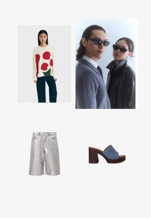 Frau mit langen schwarzen Haaren, die einen weißen Pullover mit großen roten und grünen abstrakten Formen und dunkelblauen weit geschnittenen Jeans trägt.; Metallic silberne Denim-Shorts mit lockerem Schnitt, ausgestattet mit fünf Taschen, Gürtelschlaufen und einem umgeschlagenen Saum. Glatte Textur mit reflektierendem Finish.; Blaue Leder-Sandalen mit breitem Riemen und einem gestapelten braunen Blockabsatz, der sichtbare Nähte entlang der Kanten aufweist.; Sonnenbrille mit eckigen schwarzen Rahmen, getragen von einem Modell mit einem grauen Pullover, der ein strukturiertes Strickmuster zeigt, sowie einer schwarzen Lederjacke, die von einem anderen Modell getragen wird.; Reißverschlussbeutel in Dunkelblau, aus glänzendem Material, mit einer glatten Textur und dezentem Branding auf der Vorderseite. Kompakte und vielseitige Gestaltung.