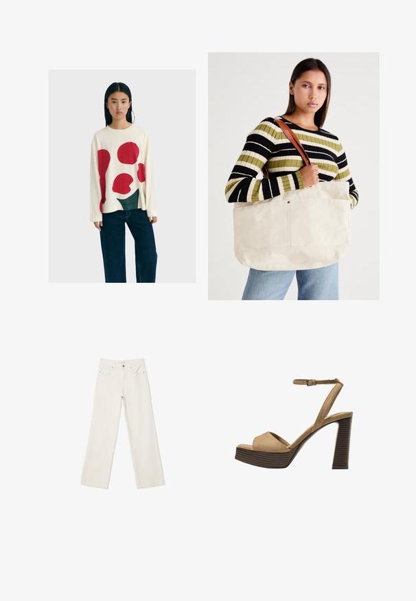 Frau mit langen schwarzen Haaren, die einen weißen Pullover mit großen roten und grünen abstrakten Formen und dunkelblauen weit geschnittenen Jeans trägt.; Weiße lässige Jeans aus Denim mit hochgeschnittenem Bund, Fronttaschen und Knopfverschluss. Schlichtes Design mit minimalen Akzenten.; Beige Wildleder-Pumps mit hohem Absatz, breitem Vorderband und Knöchelriemen, ausgestattet mit einem klobigen Holzblockabsatz mit strukturiertem Finish.; Große beige Leinen-Totetasche mit braunen Ledergriffen, die ein minimalistisches Design und sichtbare Nähte aufweist.
