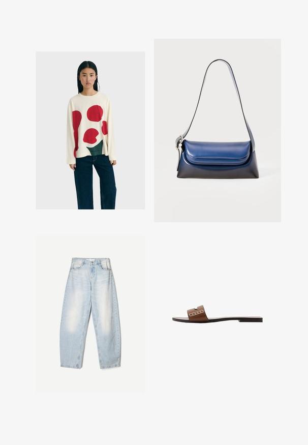 Frau mit langen schwarzen Haaren, die einen weißen Pullover mit großen roten und grünen abstrakten Formen und dunkelblauen weit geschnittenen Jeans trägt.; Hellblaue Jeans aus Denim mit lockerer Passform, im ausgewaschenen Finish, zwei Fronttaschen und einem Knopfverschluss am Bund.; Braune Leder-Slidesandalen mit flacher Sohle, ausgestattet mit einem breiten Riemen und weißen geometrischen Akzenten für ein minimalistisches Design.; Marinefarbene Lederhandtasche mit glatter Oberfläche, rundem Design, gefaltetem oberen Teil und einem einzelnen Schulterriemen. Inklusive silberner Hardware-Akzent.