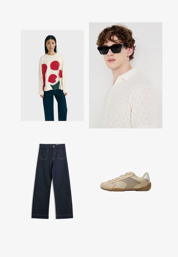 Woman with long black hair wearing a white sweater with large red and green abstract shapes and dark blue wide-leg jeans.; Dark blue wide-leg jeans made of denim with contrasting tan stitching, two back pockets, and a button closure at the waist.; Beige athletic shoe featuring a suede and mesh upper, textured rubber sole, and flat laces. Smooth accents at the heel with a rounded toe design.; Black rectangular sunglasses with thick frames, worn by a person in a cream textured polo shirt with a collared neckline.