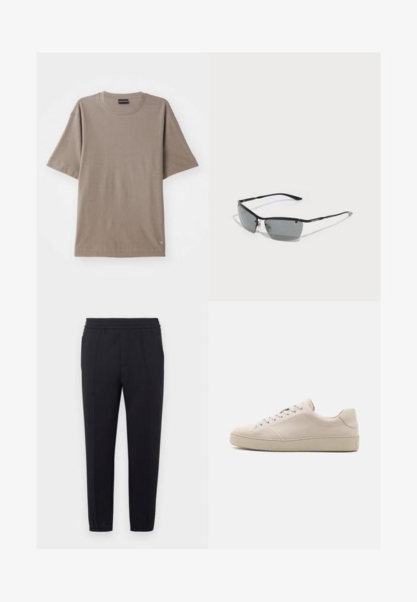 T-shirt castanho de manga curta com um design de gola redonda, apresentando um padrão texturizado subtil e uma etiqueta de logótipo pequena no lado inferior esquerdo.; Calças de treino pretas com cintura elástica, pernas afuniladas, bolsos laterais e textura de tecido suave. Apresenta detalhes costurados ao longo das costuras.; Sapatilhas de couro bege com um acabamento suave, biqueira arredondada, sola plana e design clássico com atacadores. Detalhes discretos em costura e sola texturizada.; Óculos de sol com uma estrutura preta em metal elegante, lentes cinza escuro e hastes finas. Apresenta almofadas de nariz ajustáveis e uma marcação discreta na lateral.