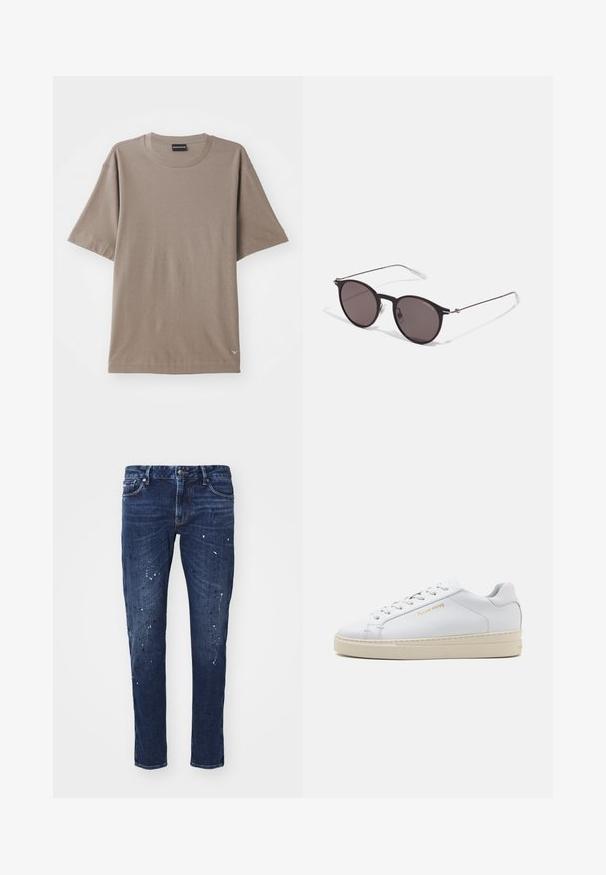 Tricou scurt cu mânecă închisă, de culoare brown, cu un design clasic cu guler rotund, având un model texturat subtil și un mic etichetă logo în partea stângă jos.; Jeans din denim de culoare albastru închis, cu o croială slim, prezentând stropi de vopsea, cusături vizibile și un design standard cu cinci buzunare. Croială dreaptă a piciorului.; Sneaker alb din piele cu vârful rotund, șireturi plate și talpă din cauciuc crem. Prezintă un branding subtil în aur și o textură netedă.; Ochelari de soare negri rotunzi cu lentile întunecate și brațe metalice subțiri. Include vârfuri transparente pentru brate și accente argintii la balama. Design minimalist.