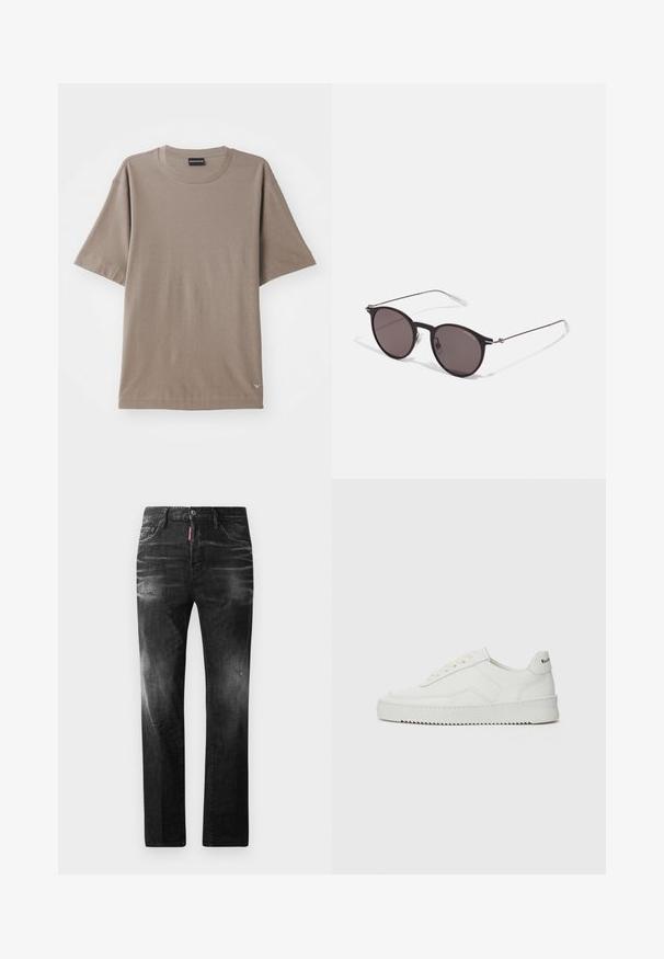 Brūns īsām piedurknēm T-krekls ar apaļu kakla izgriezumu, kam ir smalks faktūras raksts un mazs logotipa birka apakšējā kreisajā pusē.; Melni džinsi no denima ar taisnu piegriezumu. Iespējas ietver izbalējušas vietas, nelielas nodiluma pazīmes, klasisko piecu kabatu dizainu un pogu aizdari.; Baltas ādas sneakers ar gludu virsmu, apaļu pirkstu daļu, plakaniem šņorēm un teksturētu zoli. Satur diskrētu logotipu uz papēža.; Melni apaļi saulesbrilles ar tumšiem lēca un plānām metāla stangām. Iekļautas caurspīdīgas tempļu galviņas un sudraba akcenti pie eņģes. Minimalistisks dizains.