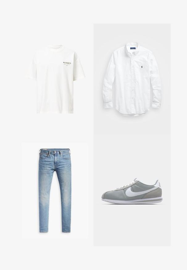 Balta medvilnės marškinėliai trumpomis rankovėmis, apvaliu kaklu, su nedideliu juodu ir auksiniu logotipu kairėje krūtinės pusėje. Tiesus apatinis kraštas.; Balta ilga rankovė mygtukų marškiniai iš medvilnės. Pasižymi klasikinėmis apykaklėmis, mygtukų rankogaliais ir mažuoju tamsiai mėlynu siuviniu su logotipu ant krūtinės.; Šviesiai mėlyni aptempti džinsai su lengvu nudėvėjimu šlaunyse, priekyje užsegami mygtuku, su diržo kilpelėmis ir penkių kišenių stiliumi ant baltos fono.; Pilkas sportinis batelis su zomšiniais ir tekstiliniais viršutiniais paviršiais, baltas Nike swoosh ženklas ir baltos raišteliai. Yra tekstūruotas gumos padas ir paminkštinta apykaklė.