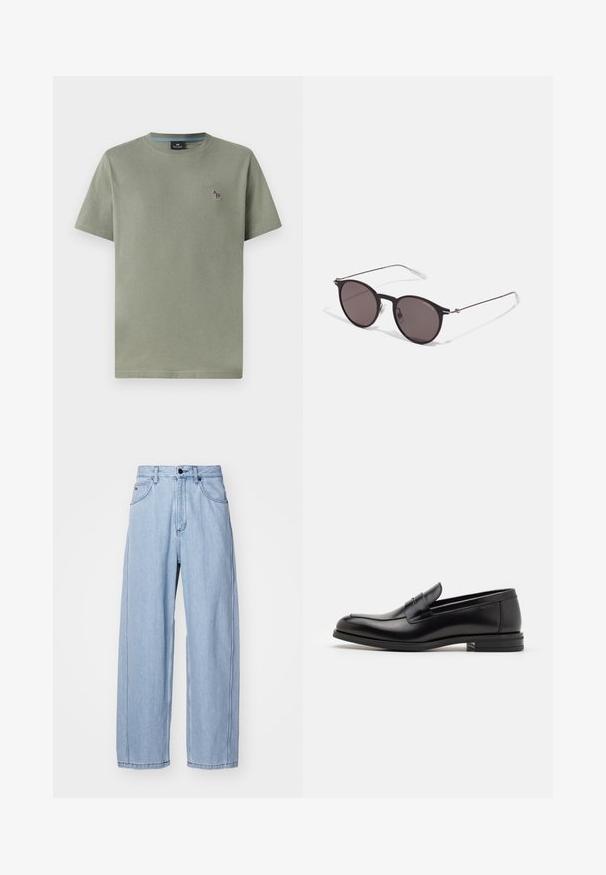 Olive zelené bavlněné tričko s kulatým výstřihem, krátkými rukávy a malým vyšitým designem na levé straně hrudi. Hladká textura, volný střih.; Světle modré džíny z denimu s širokým střihem, které mají přední kapsy, zapínání na knoflík a podrobné prošívání podél švů.; Černé kožené polobotky s hladkou texturou, zaoblenou špičkou a zdobným páskem přes nárt. Nízký stohovaný podpatek, minimalistický design.; Černé kulaté sluneční brýle s tmavými skly a tenkými kovovými nohami. Obsahují průhledné koncovky nožiček a stříbrné akcenty na pantu. Minimalistický design.
