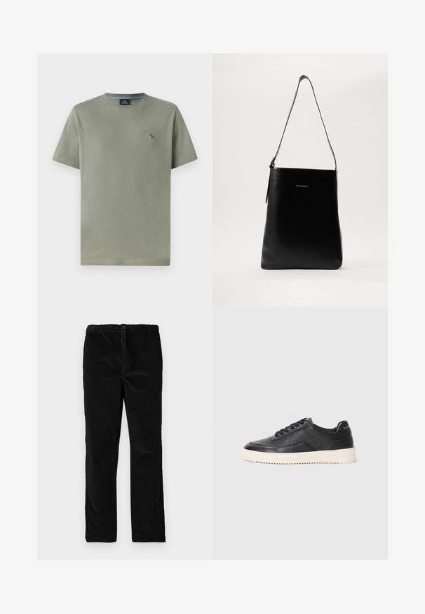 Tricou de bumbac verde măsliniu cu guler rotund, mâneci scurte și un mic design brodat pe pieptul stâng. Textură netedă, potrivire lejeră.; Pantaloni din catifea negri, drepti, cu talie elastică și șnur în față, expuși pe un fundal alb simplu.; Pantofi sport negri din piele cu finisaj texturat, vârf rotund și talpă plată din cauciuc alb. Dispune de șireturi negre și branding pe toc.; Geantă de umăr din piele neagră, cu o textură netedă, formă rectangulară și o curea lungă; prezintă un mic logo alb în centrul ei.