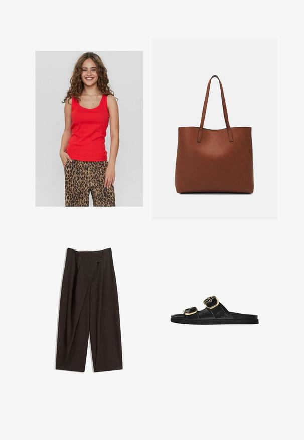 Top roșu fără mâneci cu un decolteu rotunjit, realizat dintr-o țesătură netedă. Asortat cu pantaloni lejeri cu imprimeu de leopard, având modele negre și maro.; Pantaloni largi de culoare maron închis, cu talie înaltă, având închiere cu un singur nasture și un față pliată. Confectionați dintr-un material ușor.; Sandalie negre cu toc plat, cu două accente de cataramă aurie, din material texturat neted și design minimalist.; Geantă de umăr din piele maro cu o textură netedă, design cu vârf deschis și două curele pentru umăr. Prezintă cusături minime și fără componente metalice vizibile.