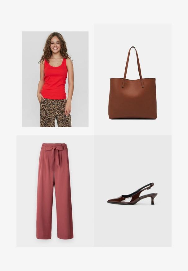 Red sleeveless top with a scooped neckline, made of smooth fabric. Paired with loose leopard-print trousers featuring black and brown patterns.; Wide-leg trousers in a dusty rose color, made of a soft fabric, featuring a tied belt at the waist and side pockets.; Brown patent leather slingback shoe with a pointed toe and a moderate heel. Features a buckle strap for secure fit. Smooth texture.; Brown leather tote bag with a smooth texture, open top design, and two shoulder straps. Features minimal stitching and no visible hardware.