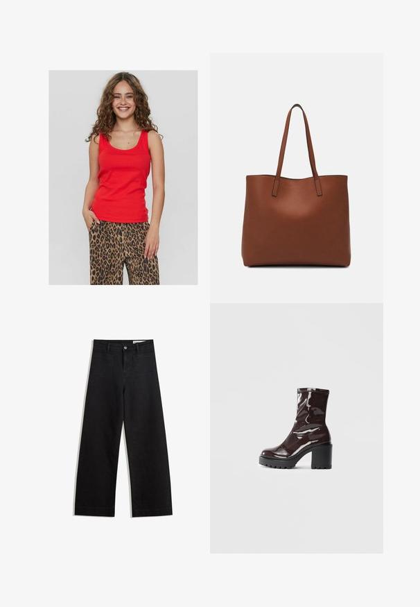 Crvena majica bez rukava s izrezom u obliku srebrnog kruga, izrađena od glatkog materijala. Uparena sa slobodnim hlačama s uzorkom leoparda koje sadrže crne i smeđe uzorke.; Crne široke traperice s visokim strukom, s prednjim i stražnjim džepovima, šivenim šavovima i kopčanjem na gumb. Glatka tekstura.; Sjajna burgundska čizma do gležnja s debelim crnim potplatom, koja se odlikuje glatkom teksturom i jednostavnim dizajnom. Nema vidljivih kopčanja ili uzoraka.; Smeđa kožna torba preko ramena s glatkom teksturom, otvorenim vrhom i dvjema naramenicama. Ima minimalne šavove i nema vidljivog hardvera.