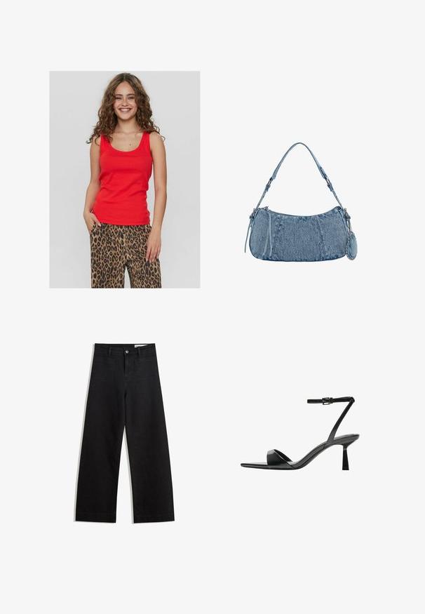 Rode mouwloze top met een ronde hals, gemaakt van gladde stof. Gecombineerd met losse broeken met luipaardprint met zwarte en bruine patronen.; Zwarte denim broek met wijde pijpen en een hoge taille, voorzien van voor- en achterzakken, gestikte naden en een knoopsluiting. Gladde textuur.; Bershka Sandalen met hoge hak - black; Denim handtas met een gebogen vorm, lichtblauwe kleur, verstelbare schouderriem en een kleine afneembare pouch met metallic accenten.
