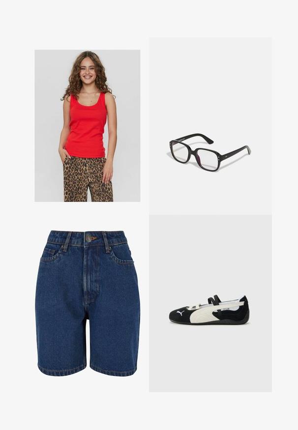 Top rojo sin mangas con escote en barco, hecho de una tela suave. Combinado con pantalones sueltos de estampado de leopardo que presentan patrones en negro y marrón.; Shorts de denim en color azul oscuro, con cintura alta, diseño de cinco bolsillos y costuras en contraste de color naranja. La tela parece texturada.; Zapato ultra ligero en blanco y negro con parte superior de ante, suela plana, correas elásticas y un pequeño logo en la puntera.; Gafas rectangulares negras con lentes transparentes, con bordes redondeados y acentos laterales, con un acabado brillante en el marco y las patillas.