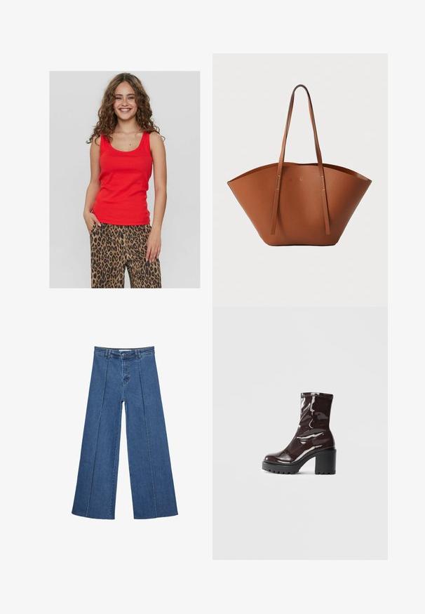 Crvena majica bez rukava s izrezom u obliku srebrnog kruga, izrađena od glatkog materijala. Uparena sa slobodnim hlačama s uzorkom leoparda koje sadrže crne i smeđe uzorke.; Široke traperice u srednje plavoj boji, s visokim strukom, zatvaranjem na dugme i kontrastnim vertikalnim šavovima duž prednje strane.; Sjajna burgundska čizma do gležnja s debelim crnim potplatom, koja se odlikuje glatkom teksturom i jednostavnim dizajnom. Nema vidljivih kopčanja ili uzoraka.; Smeđa kožna torba za nošenje s širokim, strukturiranim oblikom, tankim ručkama i teksturiranom površinom. Ima minimalistički dizajn bez vidljivih dijelova metalne opreme.