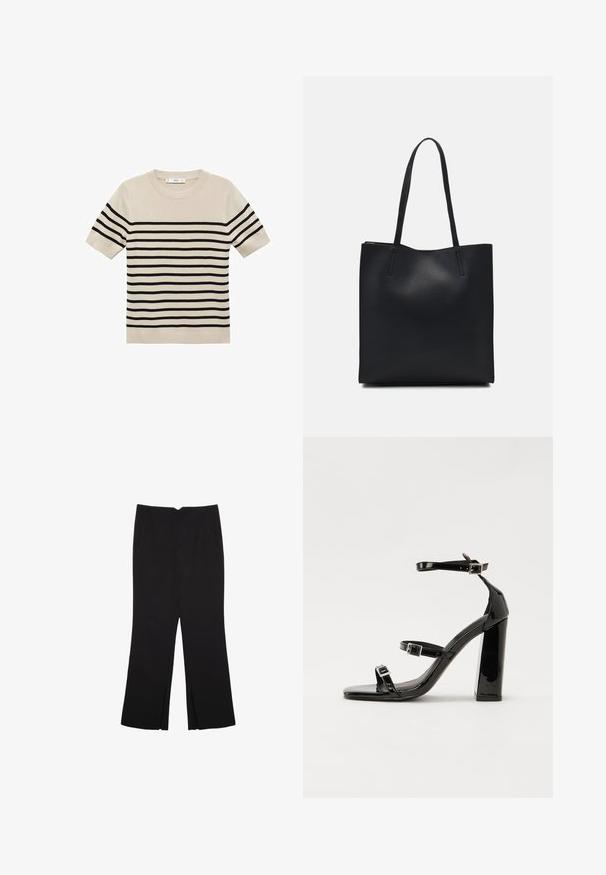 Beige kortärmad tröja med svarta horisontella ränder. Rundad halslinning, stickad textur och ribbad nederkant. Enkel, klassisk design.; Svarta byxor med rak passform, utrustade med framfickor och sidoklyvningar vid fållen. Tillverkade av mjukt, slätt tyg. Lämpliga för olika tillfällen.; Svarta lackerade klacksandaler med fyrkantig tå, ankelremmar och silverfärgade spännen. Har en kraftig blockklack för stabilitet.; Svart lädertoffelväska med slät textur, rektangulär form och två långa handtag. Ingen synlig hårdvara eller dekorationer.