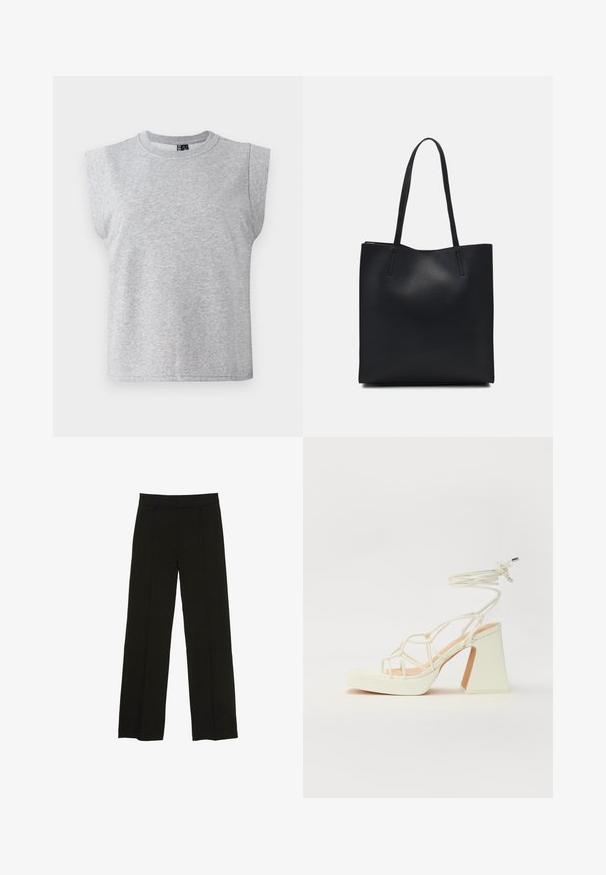 Grå ärmlös t-shirt tillverkad av mjukt material med rund halsringning och något vadderade axlar, med en rak fåll.; Svarta vida byxor tillverkade av ett mjukt tyg, med en åtsittande midja och subtila framveck för en extra textur.; Vit högklackad sandal med en kraftig klack, med ett remdesign och ankelband. Slät textur med en plattform framtill för ökad höjd.; Svart lädertoffelväska med slät textur, rektangulär form och två långa handtag. Ingen synlig hårdvara eller dekorationer.