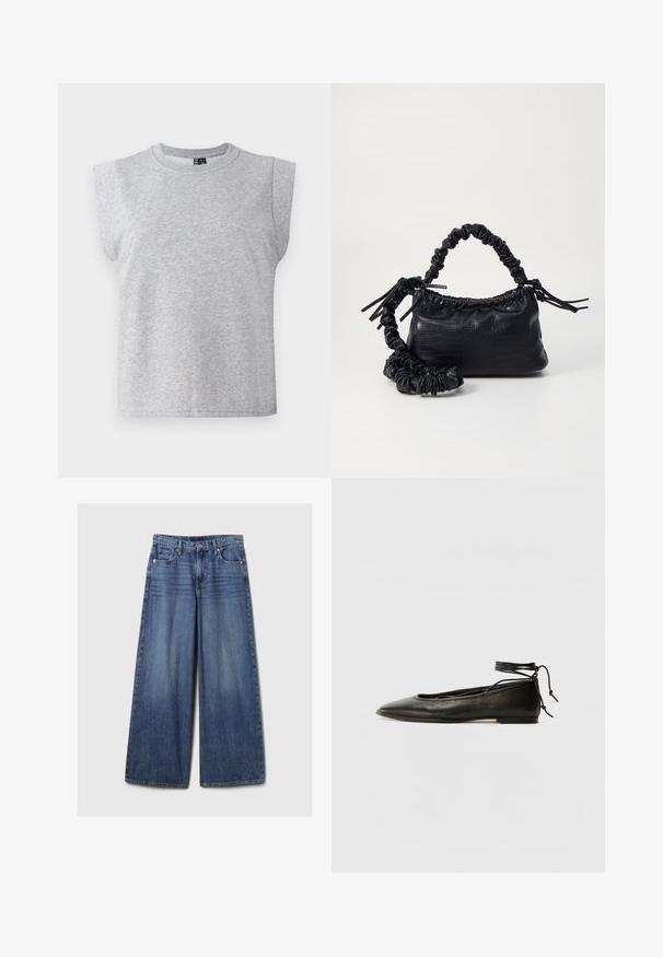 Szürke ujjatlan póló, puha anyagból készült, kerek nyakkivágással és enyhén párnázott vállakkal, egyenes alsó résszel.; Széles lábú kék farmernadrág elhalványodott felülettel, gombos és cipzáras záródással, öt zsebbel és övhurkokkal.; Fekete bőr balettcipők hegyes orral, bokakötővel és lapos talppal, sima textúrával és minimalista dizájnnal.; Fekete műbőr kézi táska krokodil bőr textúrával, összehúzható tetejű és gyűrt pánttal. Lágy és kompakt dizájnúnak tűnik.